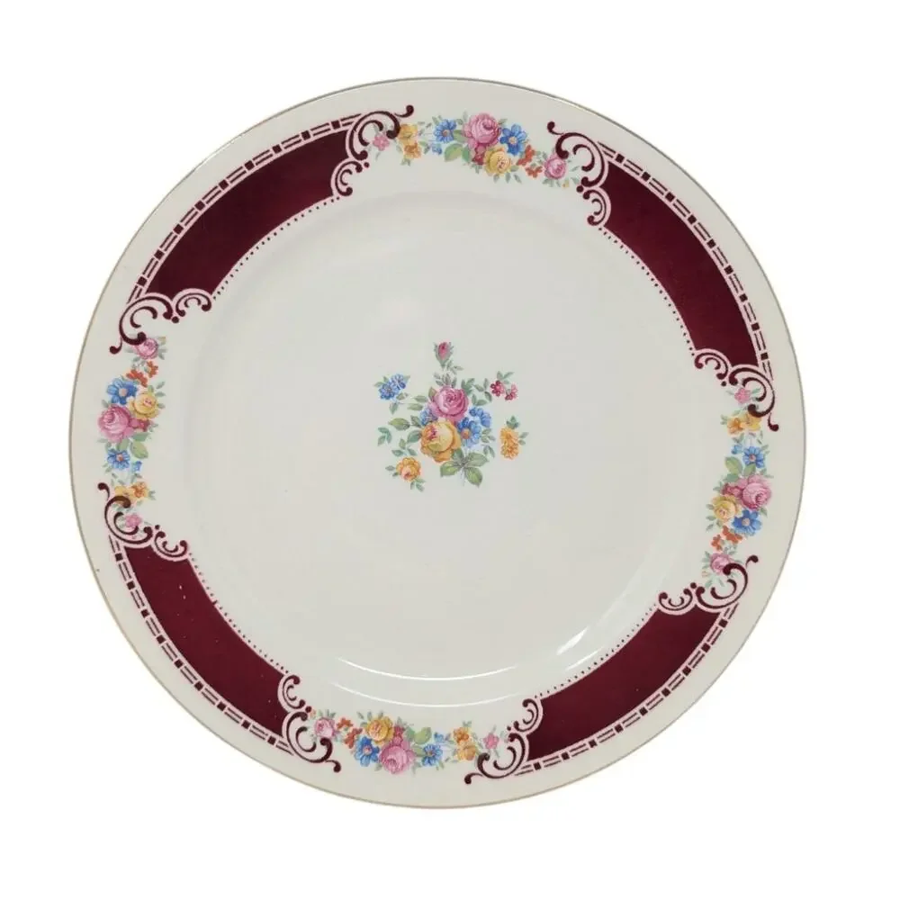 Homer Laughlin Majestic Dinner Plate Maroon Floral Pattern 9 inch